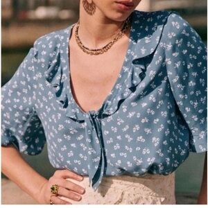 Sezane Blue Floral Ruffle Blouse